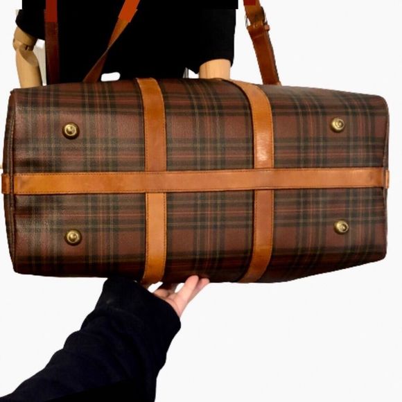 W RALPH LAUREN Brown Green Tartan Plaid Boston Weekend Travel Duffle Bag Speedy - Picture 4 of 15